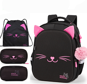 Рюкзак ортопедичний з пеналом та мішком 3 в 1 для дівчинки School Standard 38х30х18 см з Котом для першокласниць (Full 150-47)